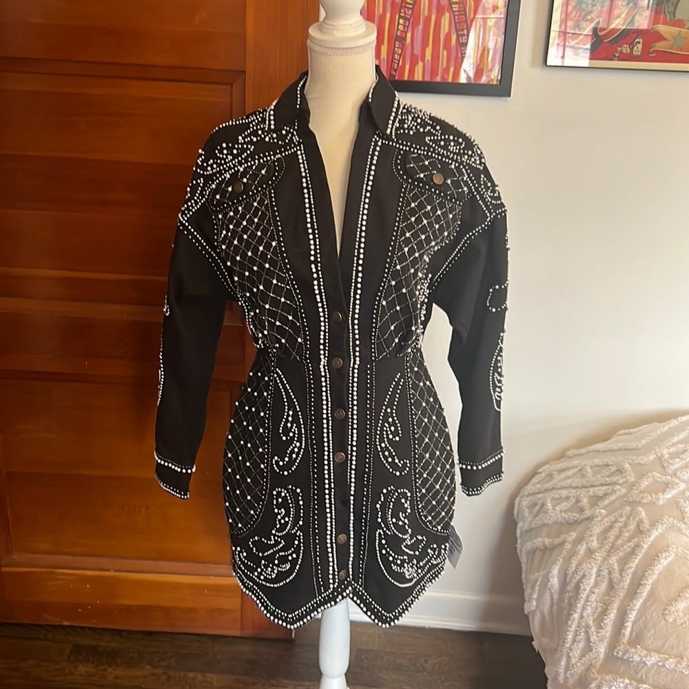 Beaded Pearls Western Denim Dress Black Size 8